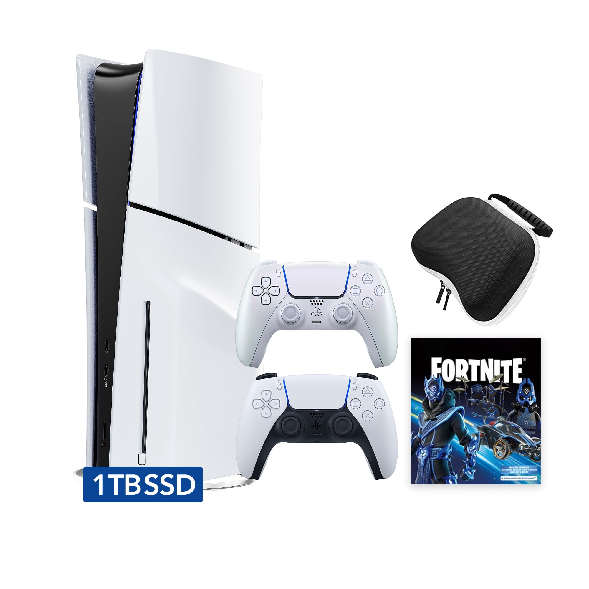 PlayStation 5 Slim Disc 1TB SSD Fortnite Cobalt Star Bundle with Two Controllers, White and Chroma Pearl DualSense, Hard Shell Protective Controller Case - PS5 Slim Disc Edition