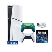 PlayStation 5 Slim Disc 1TB SSD Fortnite Cobalt Star Bundle with Two Controllers, White and Chroma Teal DualSense and Mytrix Dual Controller Charger - PS5 Slim Disc Edition