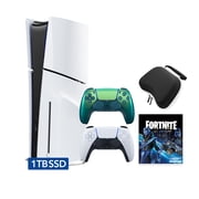 PlayStation 5 Slim Disc 1TB SSD Fortnite Cobalt Star Bundle with Two Controllers, White and Chroma Teal DualSense and Mytrix Hard Shell Protective Controller Case - PS5 Slim Disc Edition