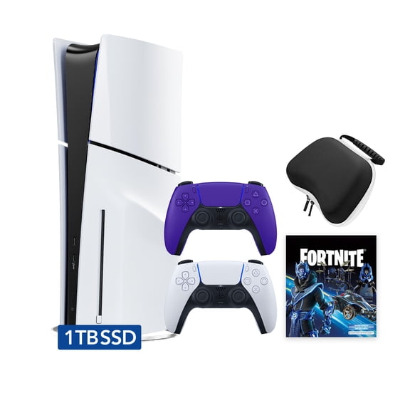 PlayStation 5 Slim Disc 1TB SSD Fortnite Cobalt Star Bundle with Two Controllers, White and Galactic Purple DualSense, Hard Shell Protective Controller Case - PS5 Slim Disc Edition