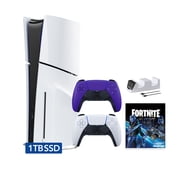 PlayStation 5 Slim Disc 1TB SSD Fortnite Cobalt Star Bundle with Two Controllers, White and Galactic Purple DualSense and Mytrix Dual Controller Charger - PS5 Slim Disc Edition