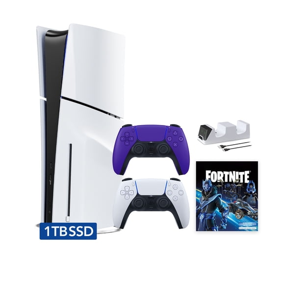 PlayStation 5 Slim Disc 1TB SSD Fortnite Cobalt Star Bundle with Two Controllers, White and Galactic Purple DualSense and Mytrix Dual Controller Charger - PS5 Slim Disc Edition