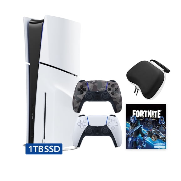 PlayStation 5 Slim Disc 1TB SSD Fortnite Cobalt Star Bundle with Two Controllers, White and Gray Camouflage DualSense, Hard Shell Protective Controller Case - PS5 Slim Disc Edition