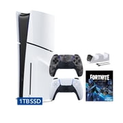 PlayStation 5 Slim Disc 1TB SSD Fortnite Cobalt Star Bundle with Two Controllers, White and Gray Camouflage DualSense and Mytrix Dual Controller Charger - PS5 Slim Disc Edition