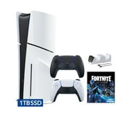 PlayStation 5 Slim Disc 1TB SSD Fortnite Cobalt Star Bundle with Two Controllers, White and Midnight Black DualSense and Mytrix Dual Controller Charger - PS5 Slim Disc Edition
