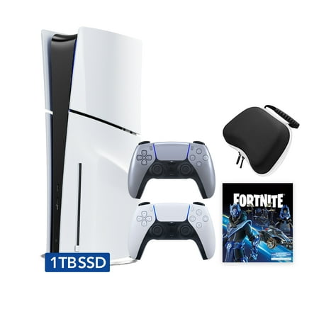 PlayStation 5 Slim Disc 1TB SSD Fortnite Cobalt Star Bundle with Two Controllers, White and Sterling Silver DualSense and Mytrix Hard Shell Protective Controller Case - PS5 Slim Disc Edition