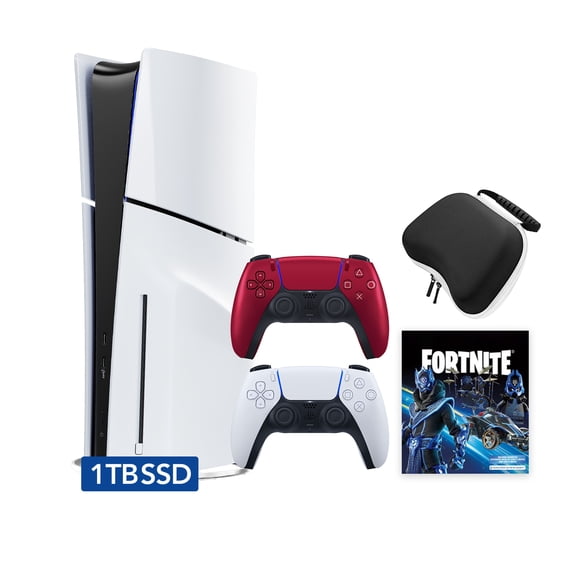 PlayStation 5 Slim Disc 1TB SSD Fortnite Cobalt Star Bundle with Two Controllers, White and Volcanic Red DualSense and Mytrix Hard Shell Protective Controller Case - PS5 Slim Disc Edition