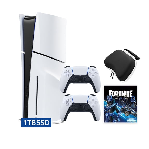 PlayStation 5 Slim Disc 1TB SSD Fortnite Cobalt Star Bundle with Two DualSense Controllers and Mytrix Hard Shell Protective Controller Case - PS5 Slim Disc Edition