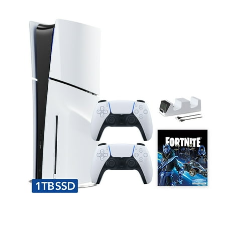 PlayStation 5 Slim Disc 1TB SSD Fortnite Cobalt Star Bundle with Two DualSense Controllers and Mytrix Dual Controller Charger - PS5 Slim Disc Edition