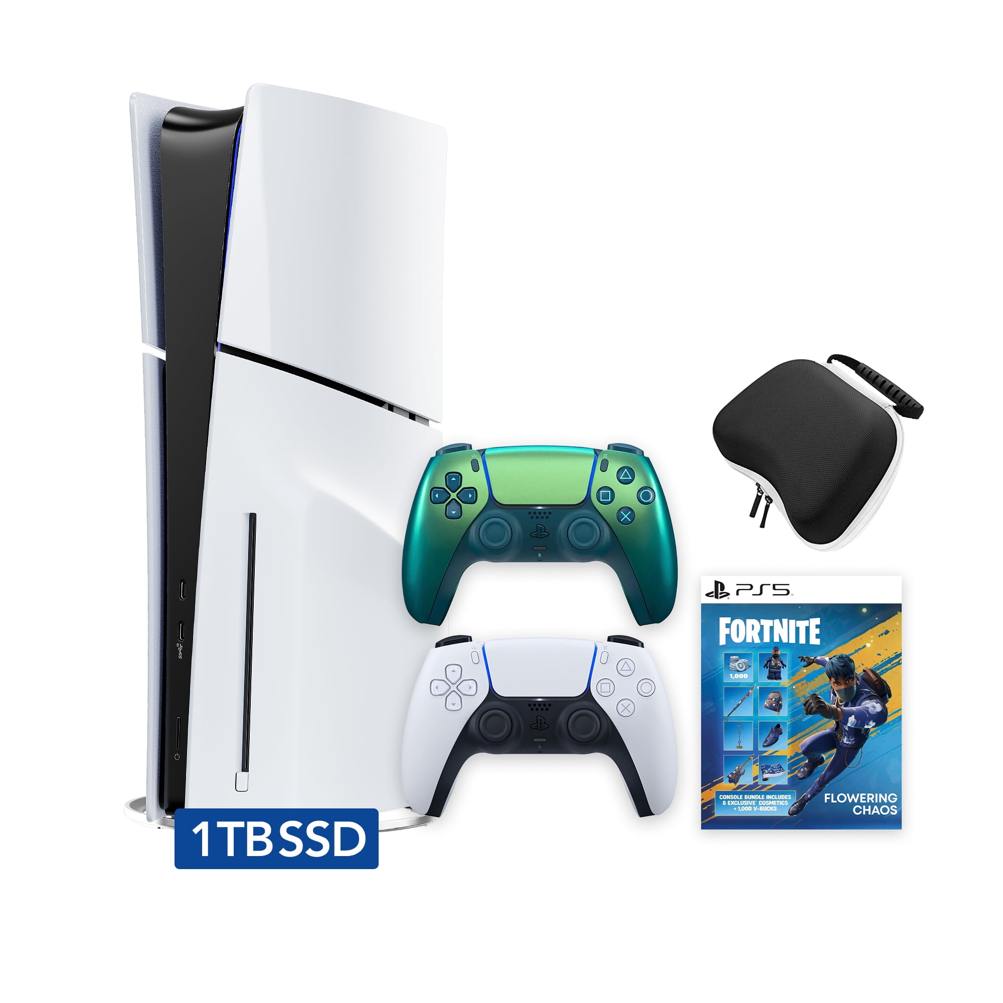 PlayStation 5 Slim Disc 1TB SSD Fortnite Flowering Chaos Bundle with Two Controllers, White and Chroma Teal DualSense and Mytrix Hard Shell Protective Controller Case - PS5 Slim Disc Edition