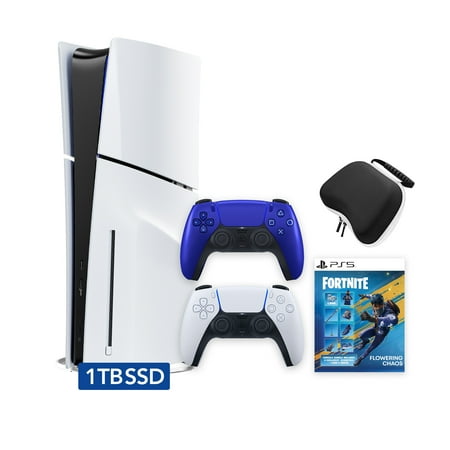 PlayStation 5 Slim Disc 1TB SSD Fortnite Flowering Chaos Bundle with Two Controllers, White and Cobalt Blue DualSense and Mytrix Hard Shell Protective Controller Case - PS5 Slim Disc Edition