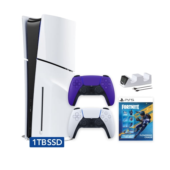 PlayStation 5 Slim Disc 1TB SSD Fortnite Flowering Chaos Bundle with Two Controllers, White and Galactic Purple DualSense and Mytrix Dual Controller Charger - PS5 Slim Disc Edition