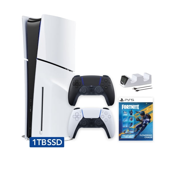 PlayStation 5 Slim Disc 1TB SSD Fortnite Flowering Chaos Bundle with Two Controllers, White and Midnight Black DualSense and Mytrix Dual Controller Charger - PS5 Slim Disc Edition