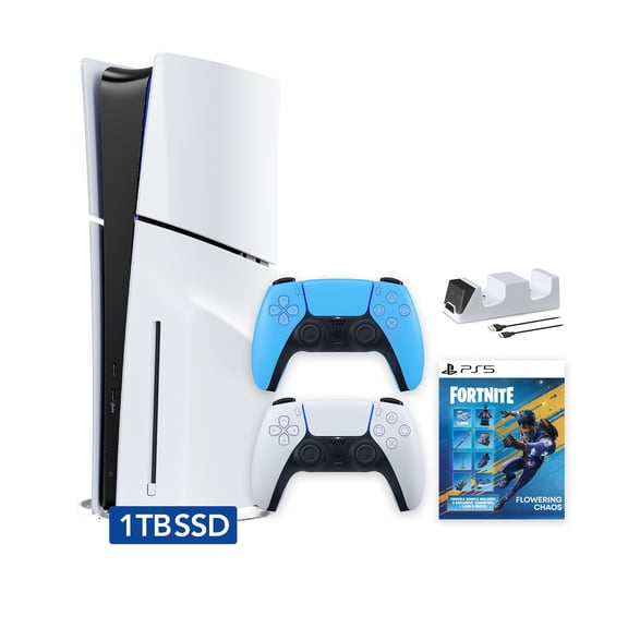 PlayStation 5 Slim Disc 1TB SSD Fortnite Flowering Chaos Bundle with Two Controllers, White and Starlight Blue DualSense and Mytrix Dual Controller Charger - PS5 Slim Disc Edition
