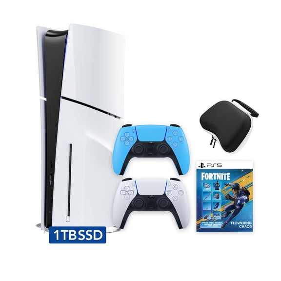 PlayStation 5 Slim Disc 1TB SSD Fortnite Flowering Chaos Bundle with Two Controllers, White and Starlight Blue DualSense and Mytrix Hard Shell Protective Controller Case - PS5 Slim Disc Edition