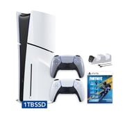 PlayStation 5 Slim Disc 1TB SSD Fortnite Flowering Chaos Bundle with Two Controllers, White and Sterling Silver DualSense and Mytrix Dual Controller Charger - PS5 Slim Disc Edition