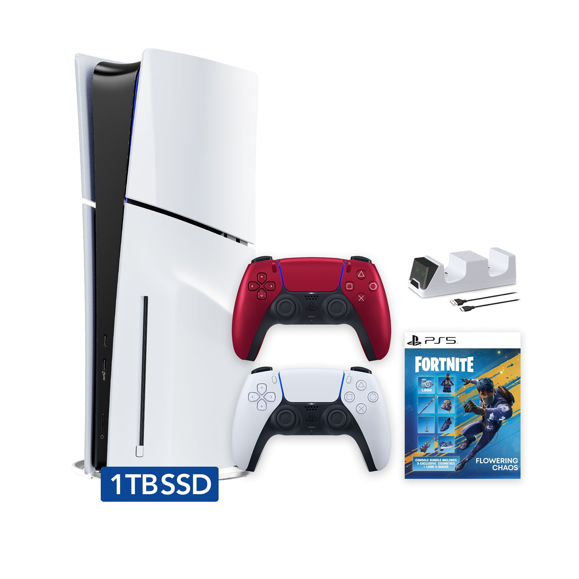 PlayStation 5 Slim Disc 1TB SSD Fortnite Flowering Chaos Bundle with Two Controllers, White and Volcanic Red DualSense and Mytrix Dual Controller Charger - PS5 Slim Disc Edition