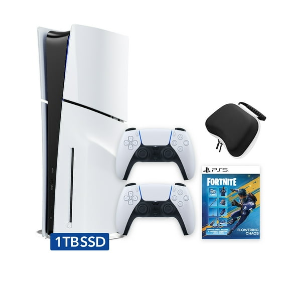 PlayStation 5 Slim Disc 1TB SSD Fortnite Flowering Chaos Bundle with Two DualSense Controllers and Mytrix Hard Shell Protective Controller Case - PS5 Slim Disc Edition
