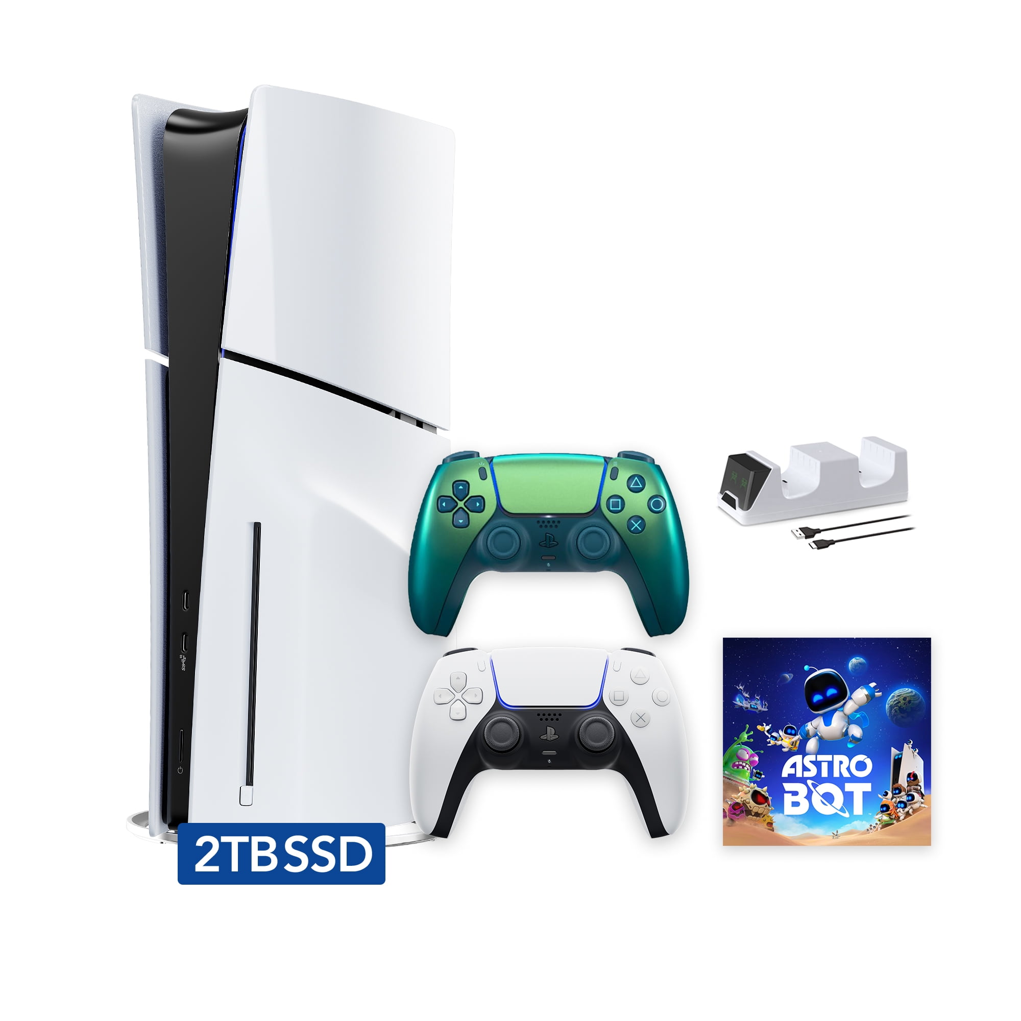 PlayStation 5 Slim Disc 2TB SSD ASTRO BOT Bundle with Two Controllers, White and Chroma Teal DualSense and Mytrix Dual Controller Charger - PS5 Slim Disc Edition