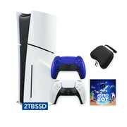 PlayStation 5 Slim Disc 2TB SSD ASTRO BOT Bundle with Two Controllers, White and Cobalt Blue DualSense and Mytrix Hard Shell Protective Controller Case - PS5 Slim Disc Edition