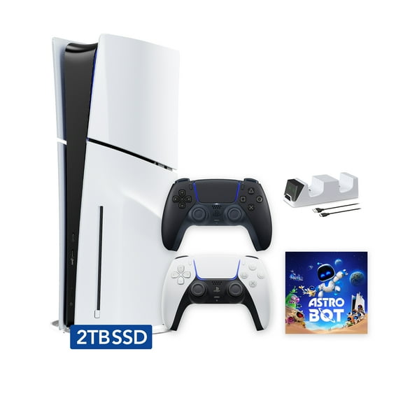 PlayStation 5 Slim Disc 2TB SSD ASTRO BOT Bundle with Two Controllers, White and Midnight Black DualSense and Mytrix Dual Controller Charger - PS5 Slim Disc Edition