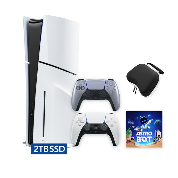 PlayStation 5 Slim Disc 2TB SSD ASTRO BOT Bundle with Two Controllers, White and Sterling Silver DualSense and Mytrix Hard Shell Protective Controller Case - PS5 Slim Disc Edition