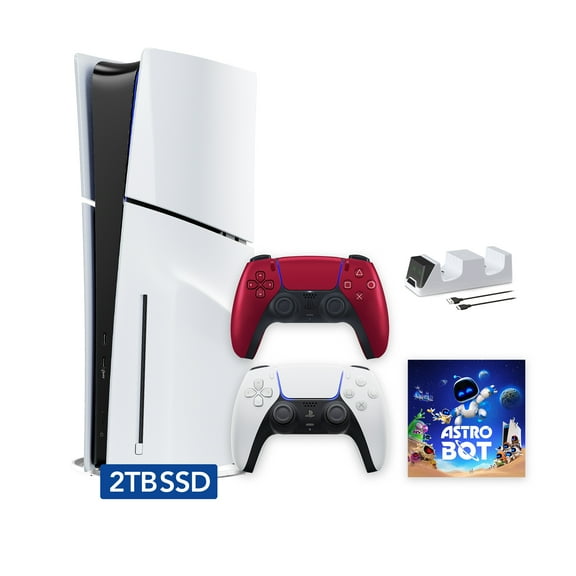 PlayStation 5 Slim Disc 2TB SSD ASTRO BOT Bundle with Two Controllers, White and Volcanic Red DualSense and Mytrix Dual Controller Charger - PS5 Slim Disc Edition