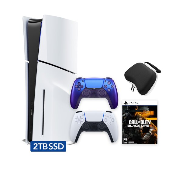 PlayStation 5 Slim Disc 2TB SSD Call of Duty Black Ops 6 Bundle with Two Controllers, White and Chroma Indigo DualSense and Mytrix Hard Shell Protective Controller Case - PS5 Slim Disc Edition