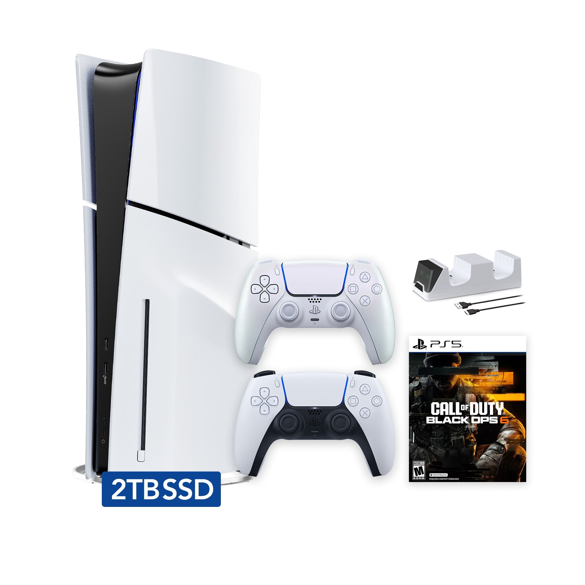 PlayStation 5 Slim Disc 2TB SSD Call of Duty Black Ops 6 Bundle with Two Controllers, White and Chroma Pearl DualSense and Mytrix Dual Controller Charger - PS5 Slim Disc Edition