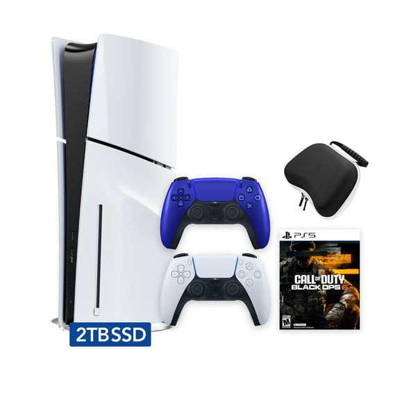 PlayStation 5 Slim Disc 2TB SSD Call of Duty Black Ops 6 Bundle with Two Controllers, White and Cobalt Blue DualSense and Mytrix Hard Shell Protective Controller Case - PS5 Slim Disc Edition