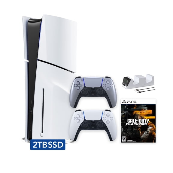 PlayStation 5 Slim Disc 2TB SSD Call of Duty Black Ops 6 Bundle with Two Controllers, White and Sterling Silver DualSense and Mytrix Dual Controller Charger - PS5 Slim Disc Edition