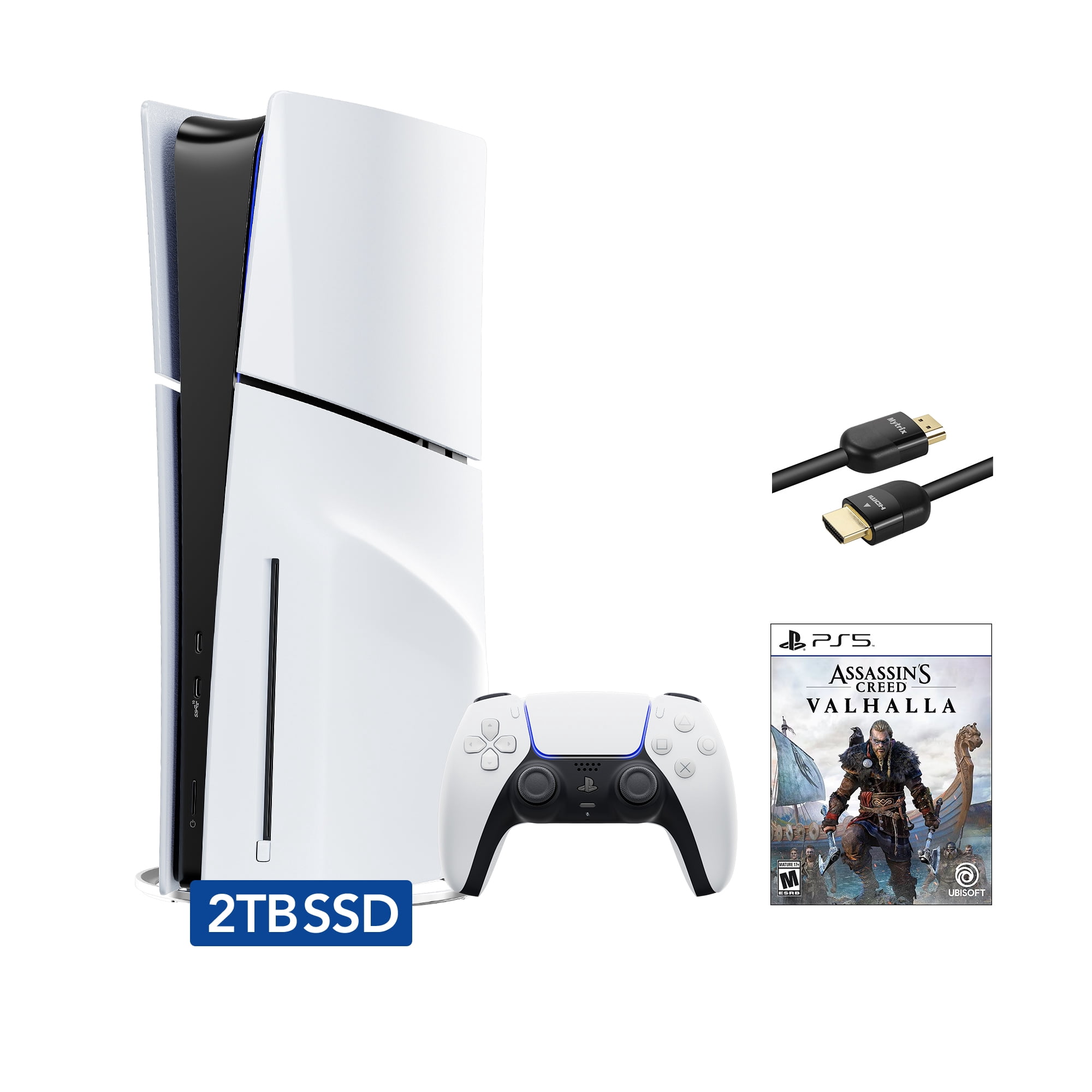 PlayStation 5 Slim Disc 2TB SSD Edition Bundle with Assassin's Creed Valhalla and Mytrix 8K HDMI2.1 Cable - PS5, White