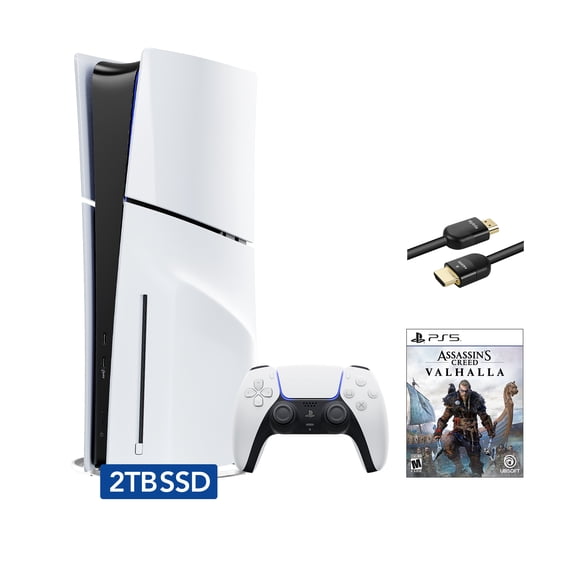 PlayStation 5 Slim Disc 2TB SSD Edition Bundle with Assassin's Creed Valhalla and Mytrix 8K HDMI2.1 Cable - PS5, White