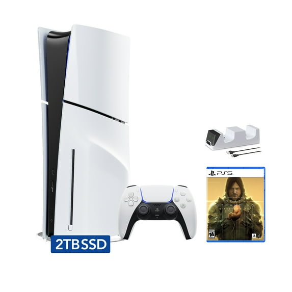 PlayStation 5 Slim Disc 2TB SSD Edition Bundle with Death Stranding Director’s Cut and C-Gamers Dual-Controller Charger - PS5, White