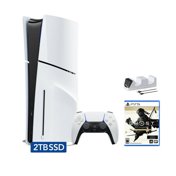 PlayStation 5 Slim Disc 2TB SSD Edition Bundle with Ghost of Tsushima Director's Cut and C-Gamers Dual-Controller Charger - PS5, White