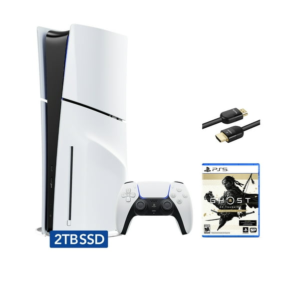 PlayStation 5 Slim Disc 2TB SSD Edition Bundle with Ghost of Tsushima Director's Cut and Mytrix 8K HDMI2.1 Cable - PS5, White
