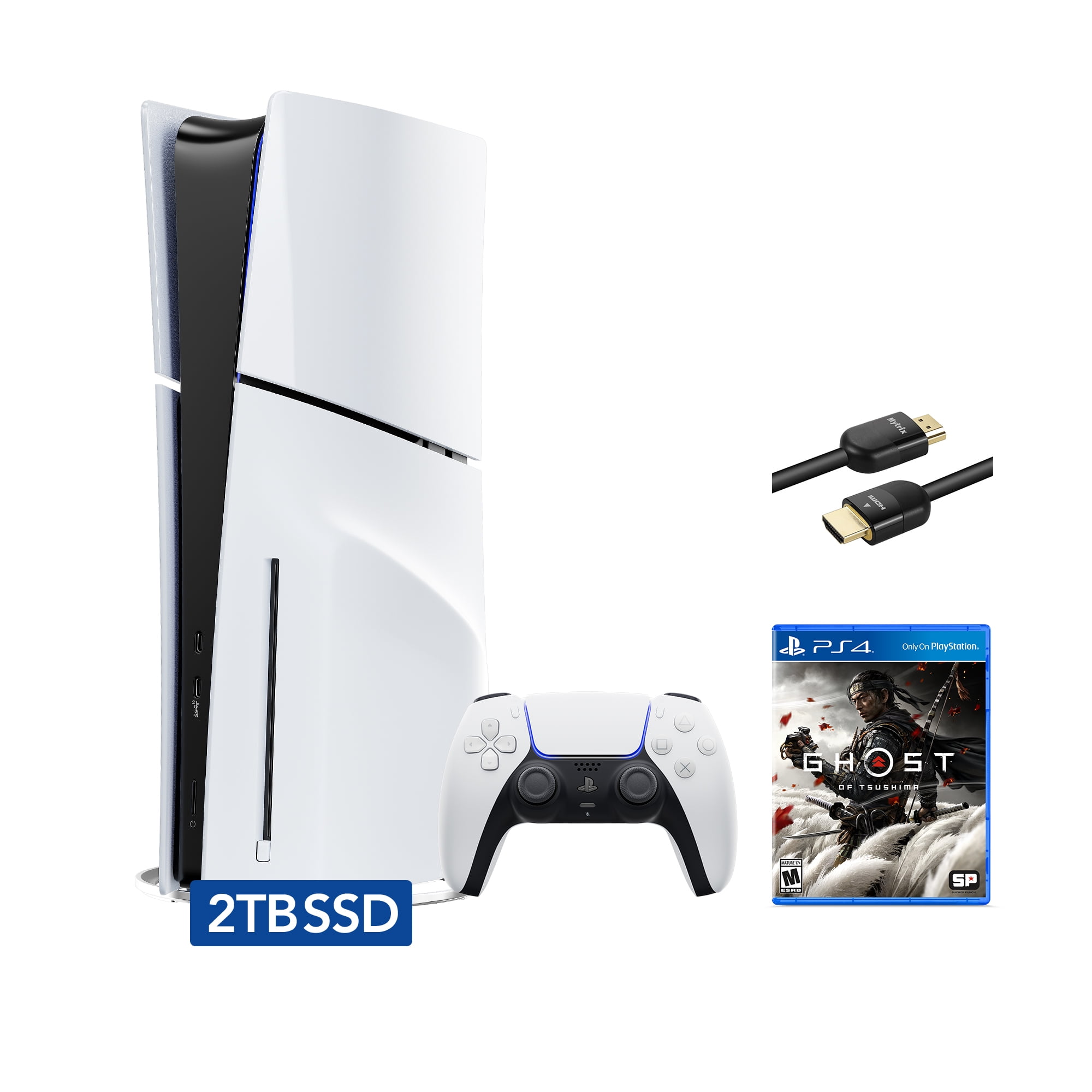 PlayStation 5 Slim Disc 2TB SSD Edition Bundle with Ghost of Tsushima and Mytrix 8K HDMI2.1 Cable - PS5, White