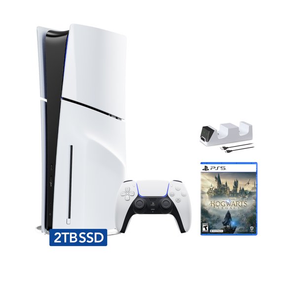 PlayStation 5 Slim Disc 2TB SSD Edition Bundle with Hogwarts Legacy and C-Gamers Dual-Controller Charger - PS5, White