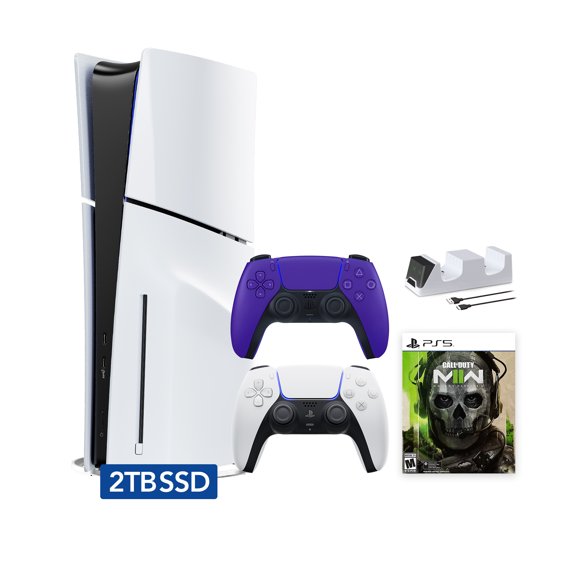 PlayStation 5 Slim Disc 2TB SSD Edition Call of Duty Modern Warfare II Bundle with Two Controllers White and Galactic Purple DualSense and Mytrix Dual Controller Charger - PS5 Gaming Console