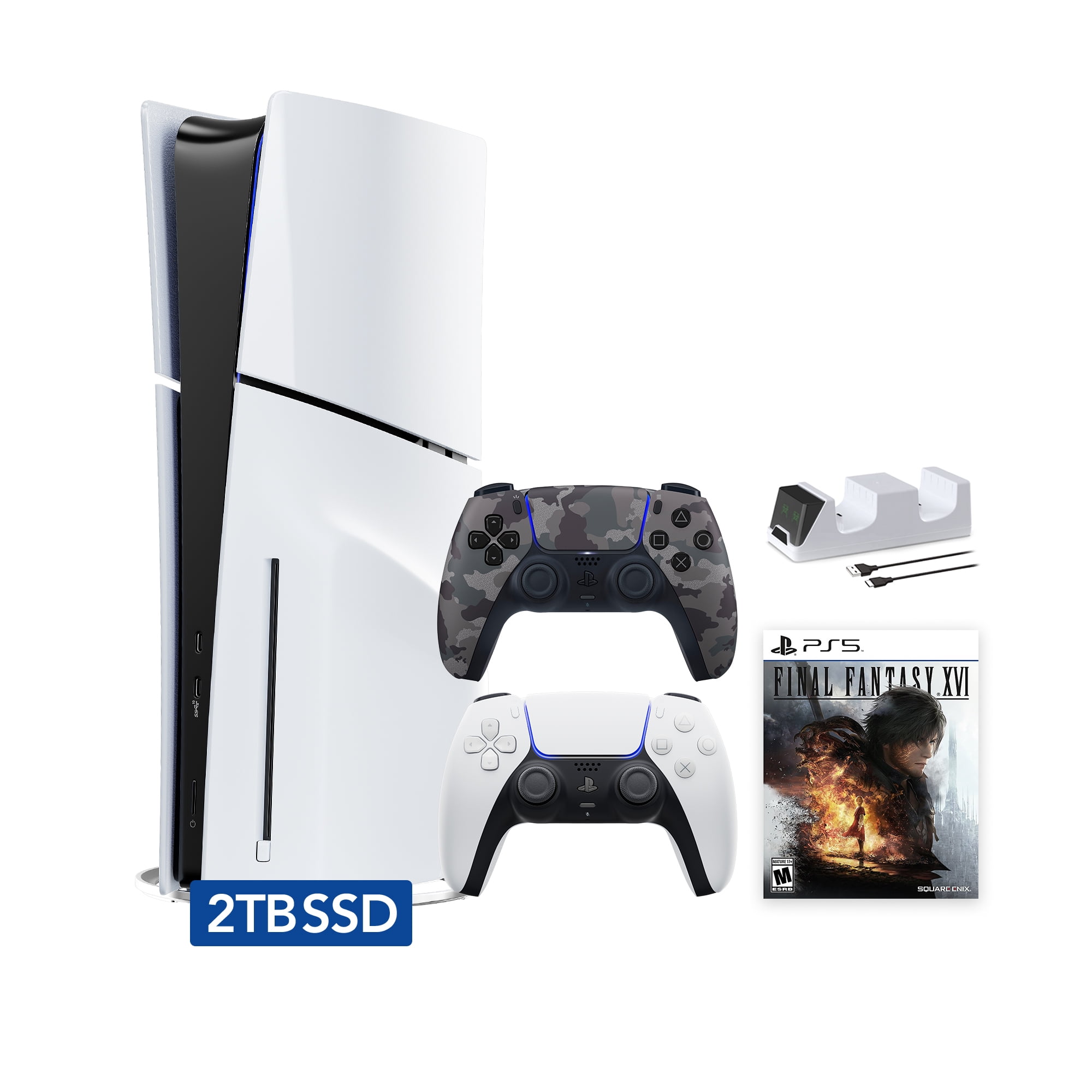 PlayStation 5 Slim Disc 2TB SSD Edition FINAL FANTASY XVI Bundle with Two Controllers White and Gray Camouflage DualSense and Mytrix Dual Controller Charger - PS5 Gaming Console