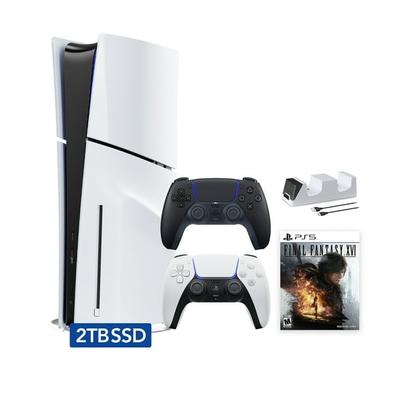 PlayStation 5 Slim Disc 2TB SSD Edition FINAL FANTASY XVI Bundle with Two Controllers White and Midnight Black DualSense and Mytrix Dual Controller Charger - PS5 Gaming Console