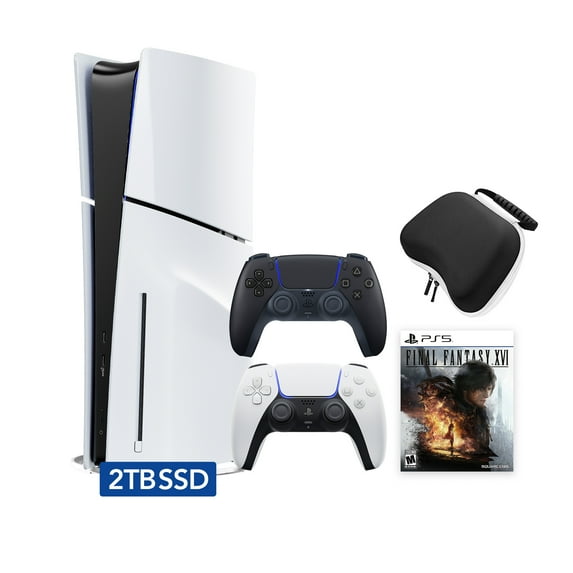 PlayStation 5 Slim Disc 2TB SSD Edition FINAL FANTASY XVI Bundle with Two Controllers White and Midnight Black DualSense and Mytrix Hard Shell Protective Controller Case - PS5 Gaming Console