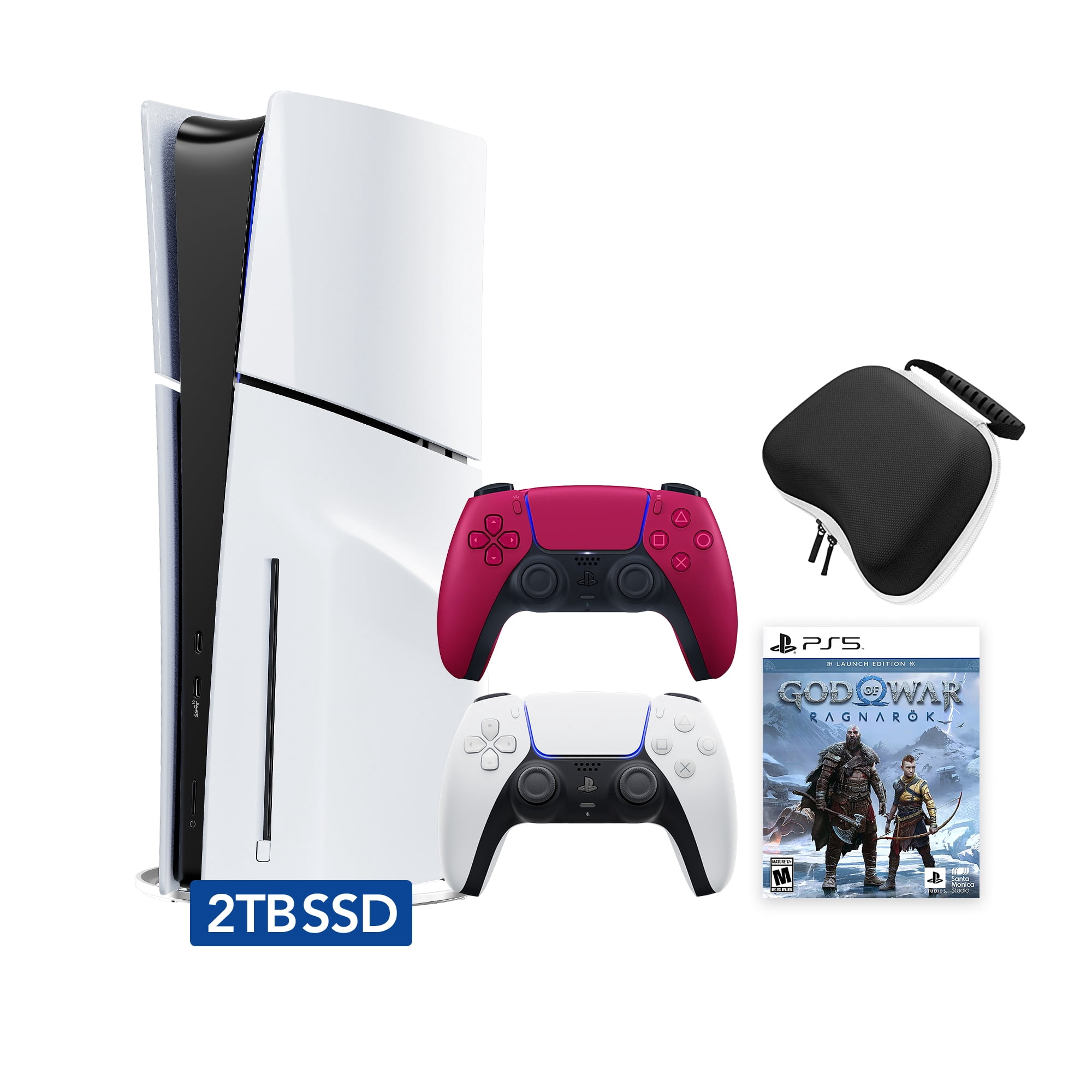 PlayStation 5 Slim Disc 2TB SSD Edition God of War Ragnarok Bundle with Two Controllers White and Cosmic Red DualSense and Mytrix Hard Shell Protective Controller Case - PS5 Gaming Console