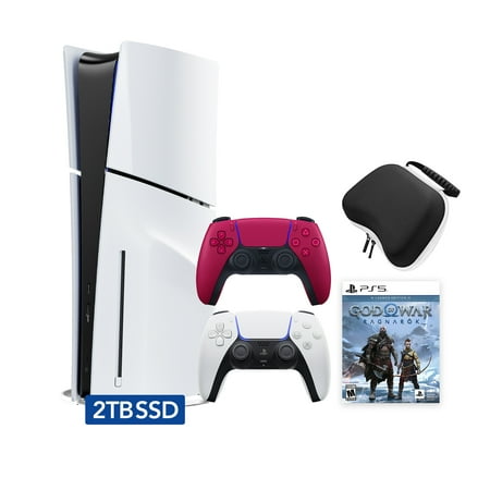PlayStation 5 Slim Disc 2TB SSD Edition God of War Ragnarok Bundle with Two Controllers White and Cosmic Red DualSense and Mytrix Hard Shell Protective Controller Case - PS5 Gaming Console