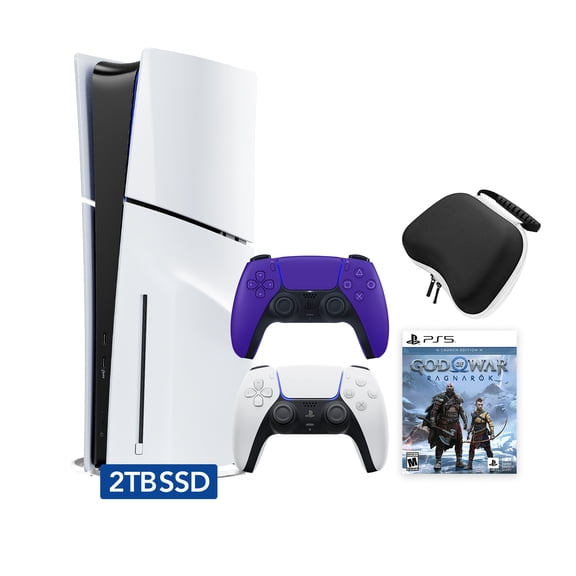 PlayStation 5 Slim Disc 2TB SSD Edition God of War Ragnarok Bundle with Two Controllers White and Galactic Purple DualSense and Mytrix Hard Shell Protective Controller Case - PS5 Gaming Console
