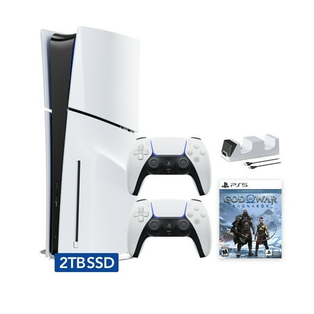 PlayStation 5 Slim Disc 2TB SSD Edition God of War Ragnarok Bundle with Two DualSense Controllers and Mytrix Dual Controller Charger - PS5 Gaming Console
