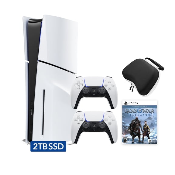PlayStation 5 Slim Disc 2TB SSD Edition God of War Ragnarok Bundle with Two DualSense Controllers and Mytrix Hard Shell Protective Controller Case - PS5 Gaming Console