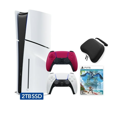 PlayStation 5 Slim Disc 2TB SSD Edition Horizon Forbidden West Bundle with Two Controllers White and Cosmic Red DualSense and Mytrix Hard Shell Protective Controller Case - PS5 Gaming Console