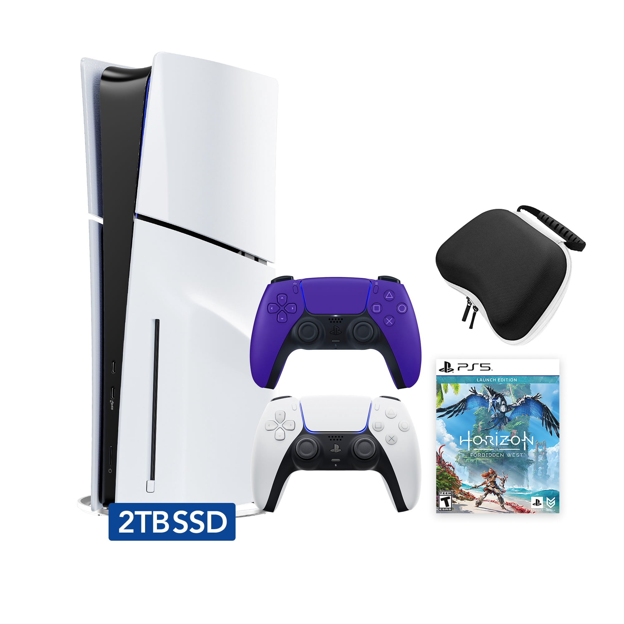 PlayStation 5 Slim Disc 2TB SSD Edition Horizon Forbidden West Bundle with Two Controllers White and Galactic Purple DualSense and Mytrix Hard Shell Protective Controller Case - PS5 Gaming Console