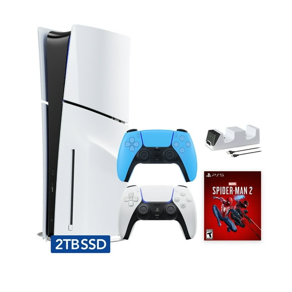 PlayStation 5 Slim Disc 2TB SSD Edition Marvel's Spider-Man 2 Bundle with Two Controllers White and Starlight Blue DualSense and Mytrix Dual Controller Charger - PS5 Gaming Console
